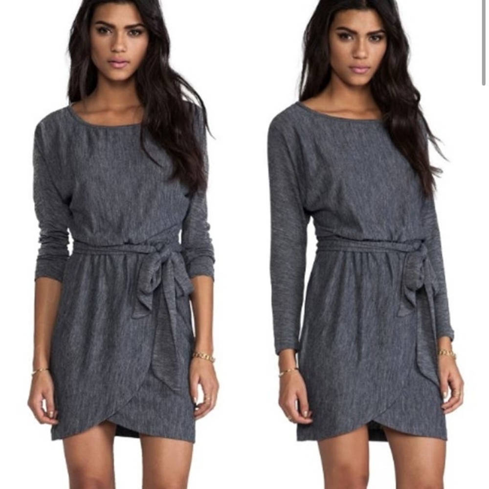 Anine Bing Wool Blend Relaxed Long Sleeve Drapey Faux Wrap Dress in Gray, XS - Picture 2 of 9